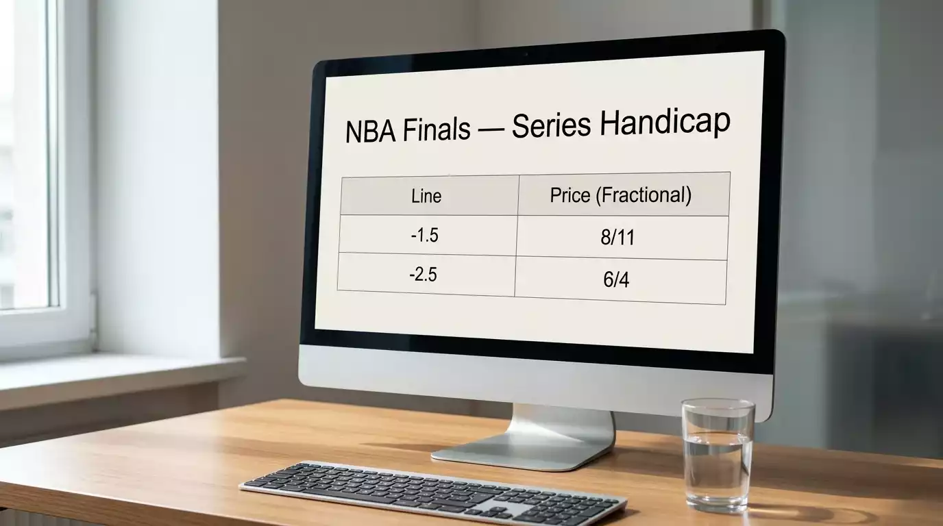 A UK sportsbook screen showing NBA Finals series handicap markets with -1.5 and -2.5 lines visible on a desk monitor