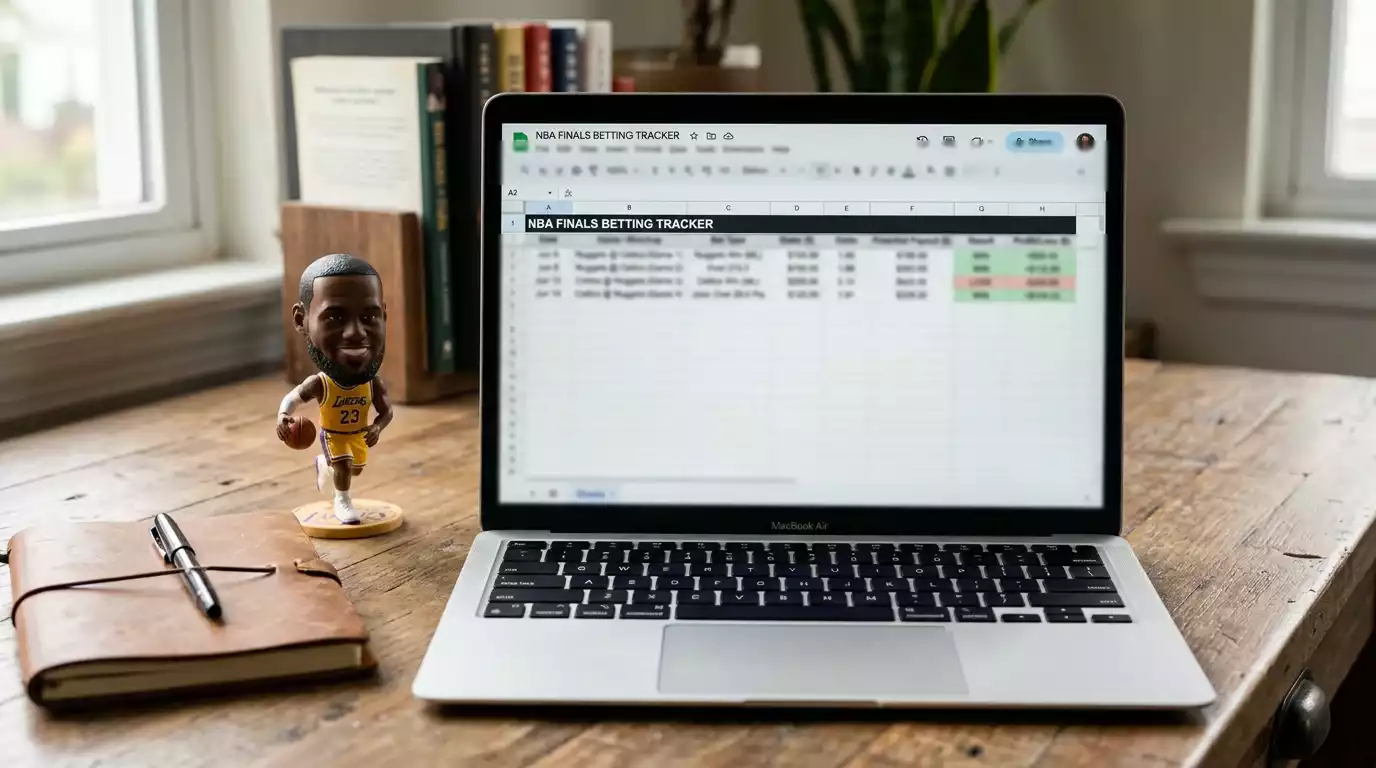 A laptop screen showing a Google Sheets spreadsheet template for tracking NBA Finals bets with columns for stake, odds and result