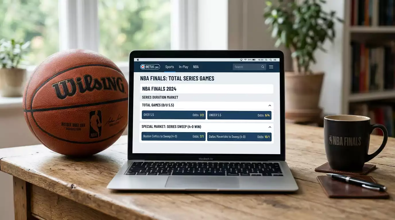A laptop screen showing an NBA Finals series-length betting market with over and under lines for total games played