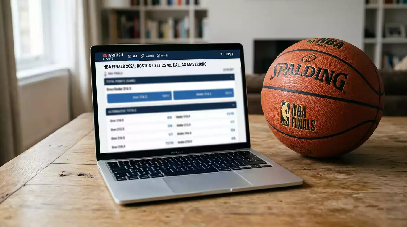 A laptop screen showing a UK sportsbook NBA Finals total points market with over and under lines and alternative totals listed