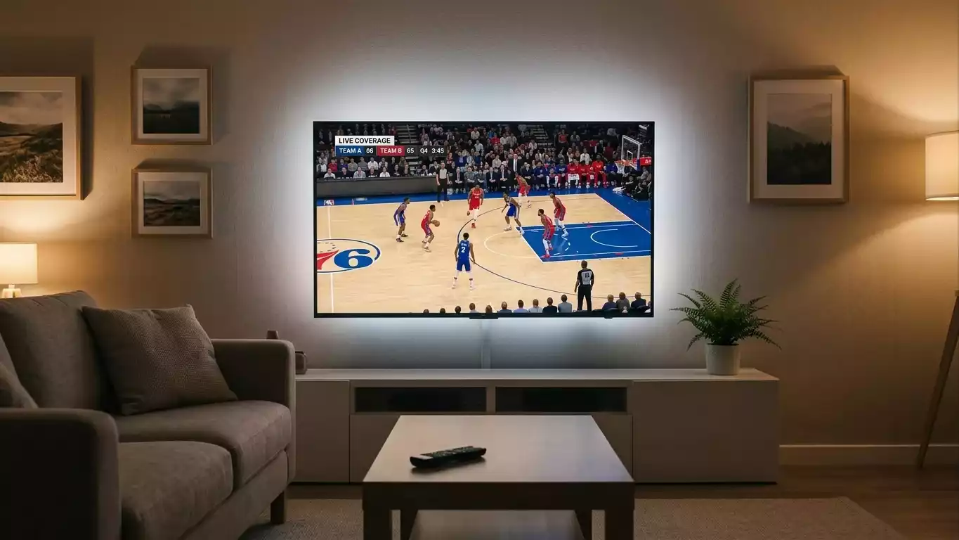 A large flat-screen television in a UK living room showing a Sky Sports NBA Finals basketball broadcast