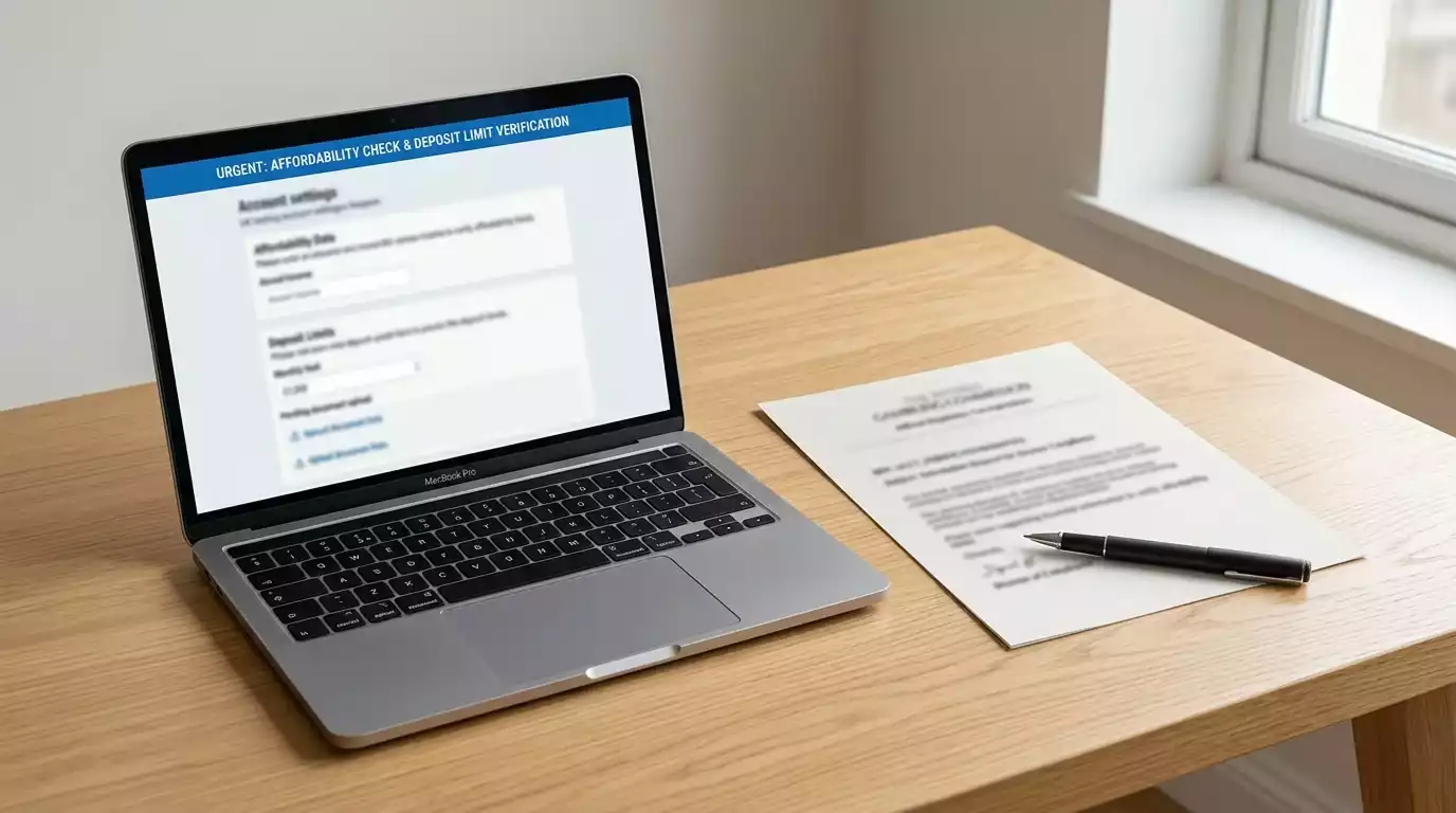 A printed UK regulatory letter beside a laptop screen displaying a sportsbook account showing a deposit threshold notification for NBA betting